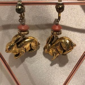Gold Rabbit Drop Earrings with Coral Accents